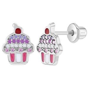 925 Sterling Silver Colorful Enamel CZ Cupcake Screw Back Earrings